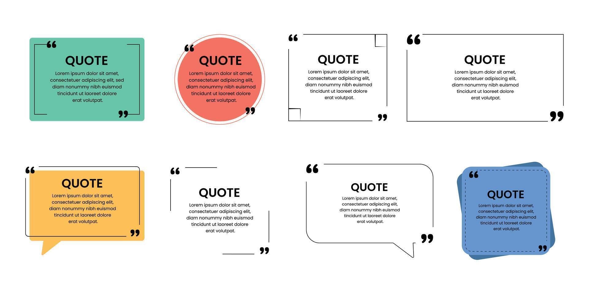 Set Of Black Quote Box Frames and icons. Quote bubble Typographical frame. Quote bubbles of different forms. Textbox on color background. vector