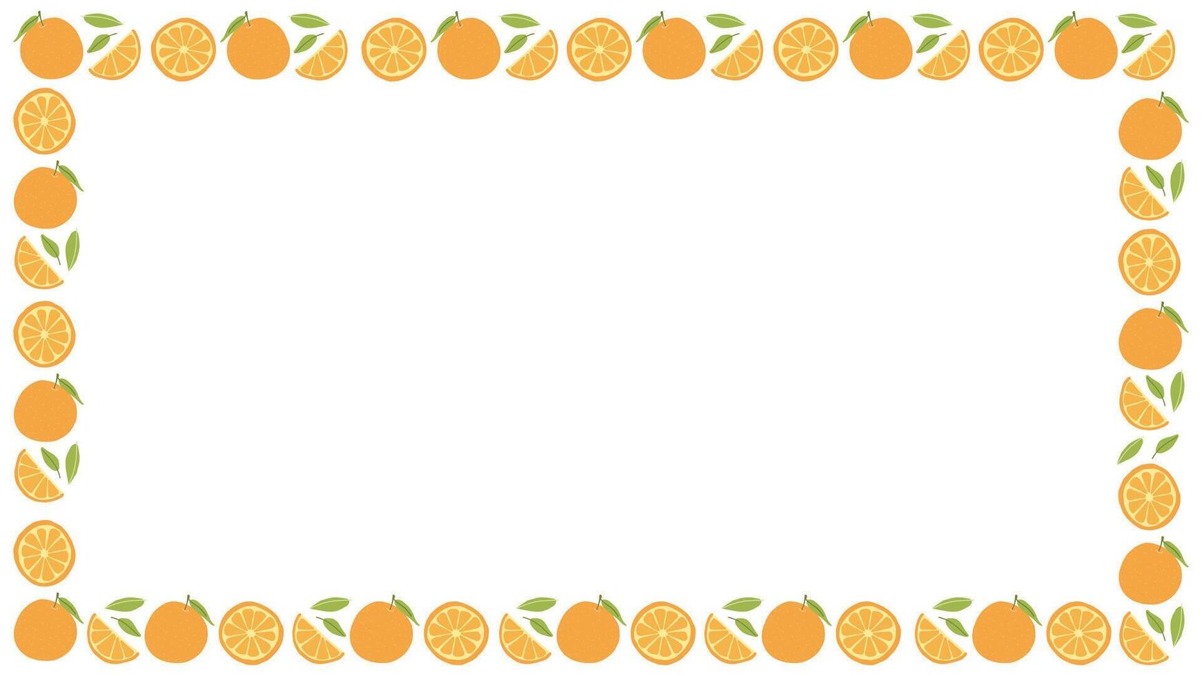 Oranges and slices with leaves forming a decorative border on a white background, citrus frame. vector