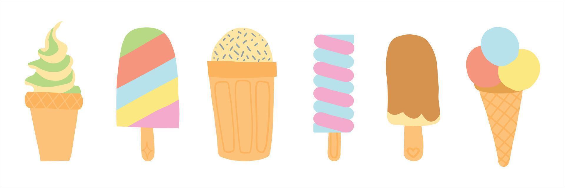 Colorful ice cream cones and soft serve frozen dessertin various shapes and flavors, perfect for summer treats. vector
