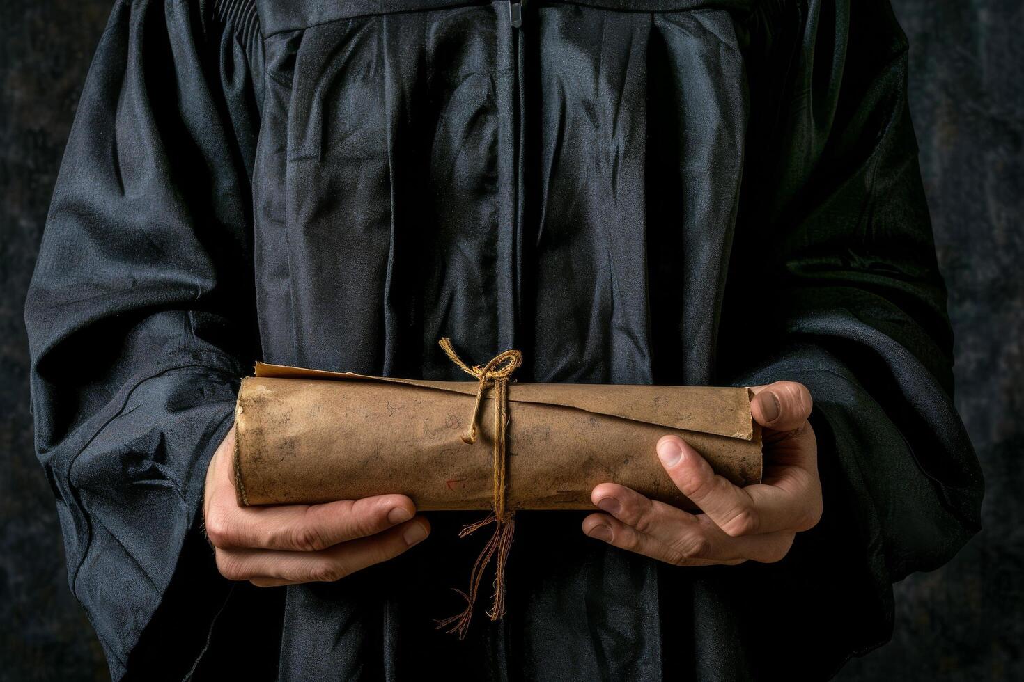 Man in Graduation Gown Holding Rolled Paper photo