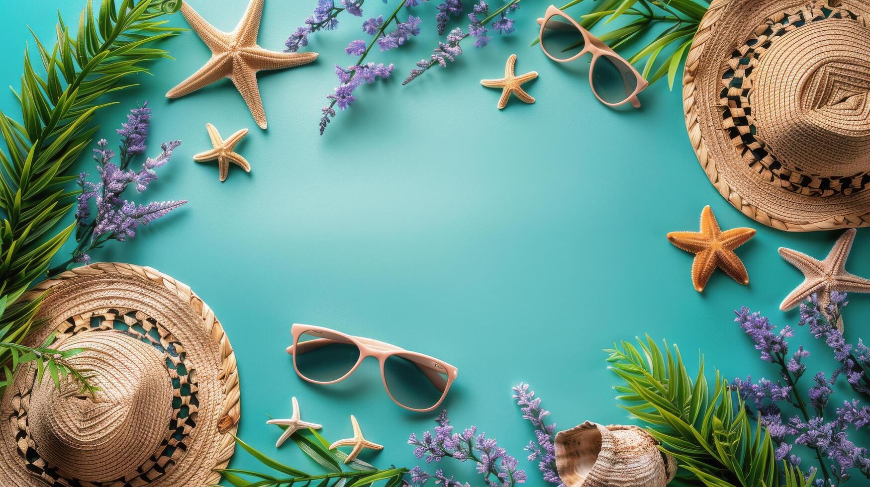 Blue Background With Flowers and Palm Leaves photo
