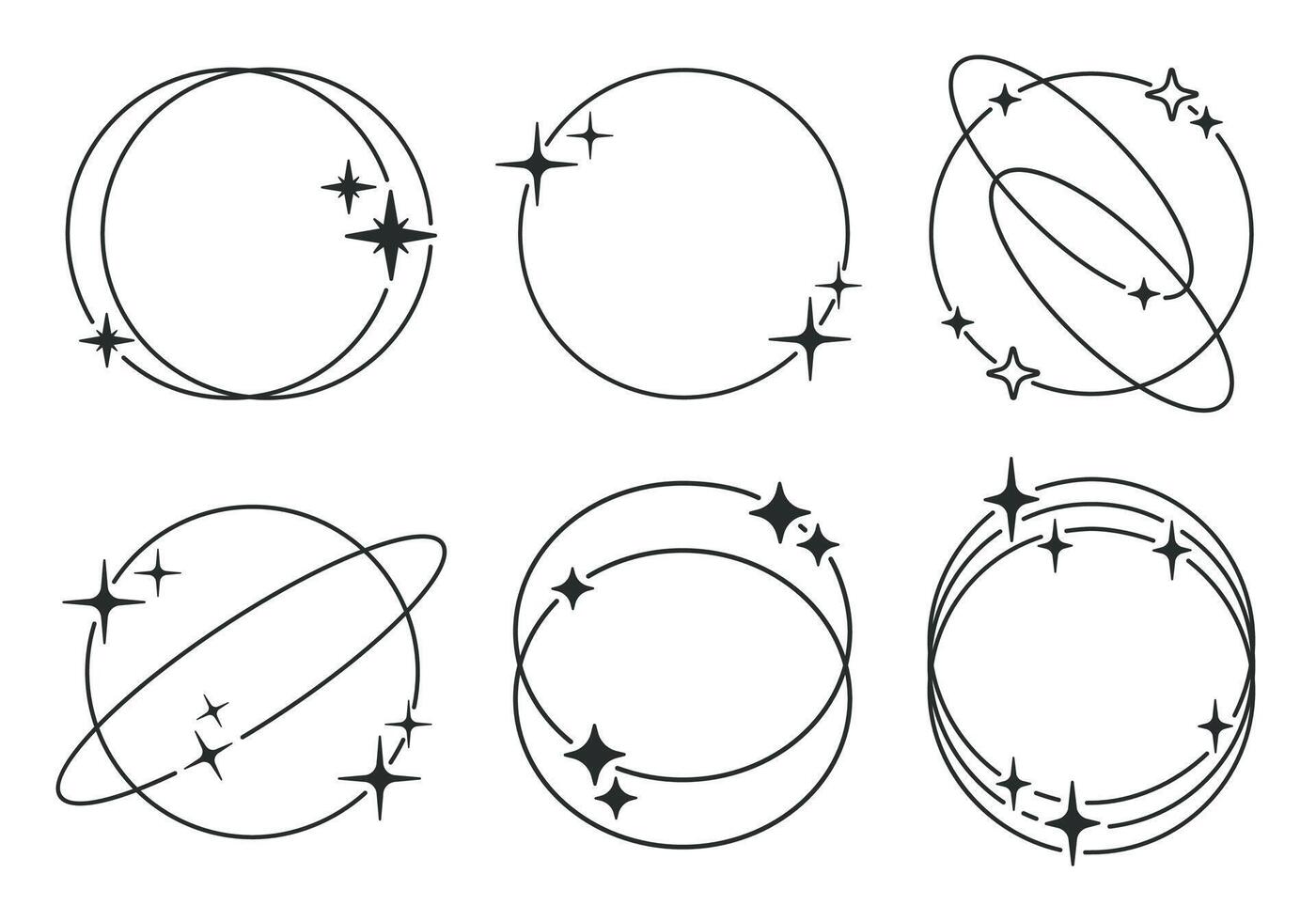 Round y2k frames. Minimalist abstract shapes with stars and sparkles, trendy y2k aesthetic frames flat illustration set. Modern outline frames vector