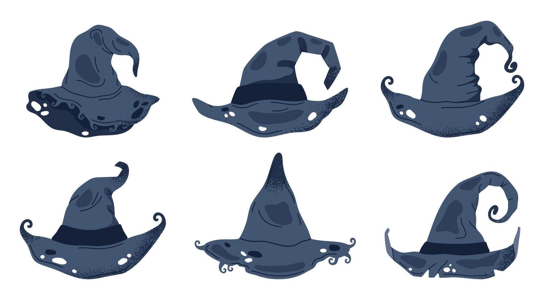 Thorn wizard hats. Halloween witch pointy hats, trick or treat october party magic costume element flat illustration set. Spooky magician hats collection vector