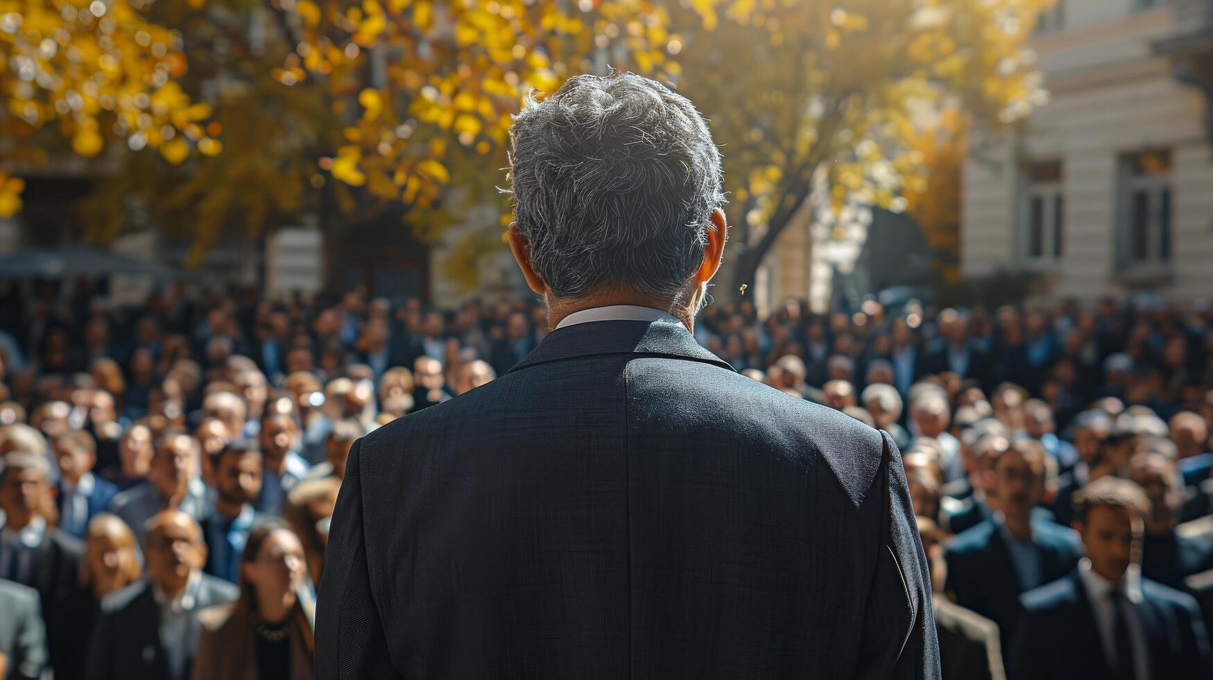 A male politician delivering a speech at a public rally, viewed from behind, addressing a diverse crowd in a park during the autumn season. photo