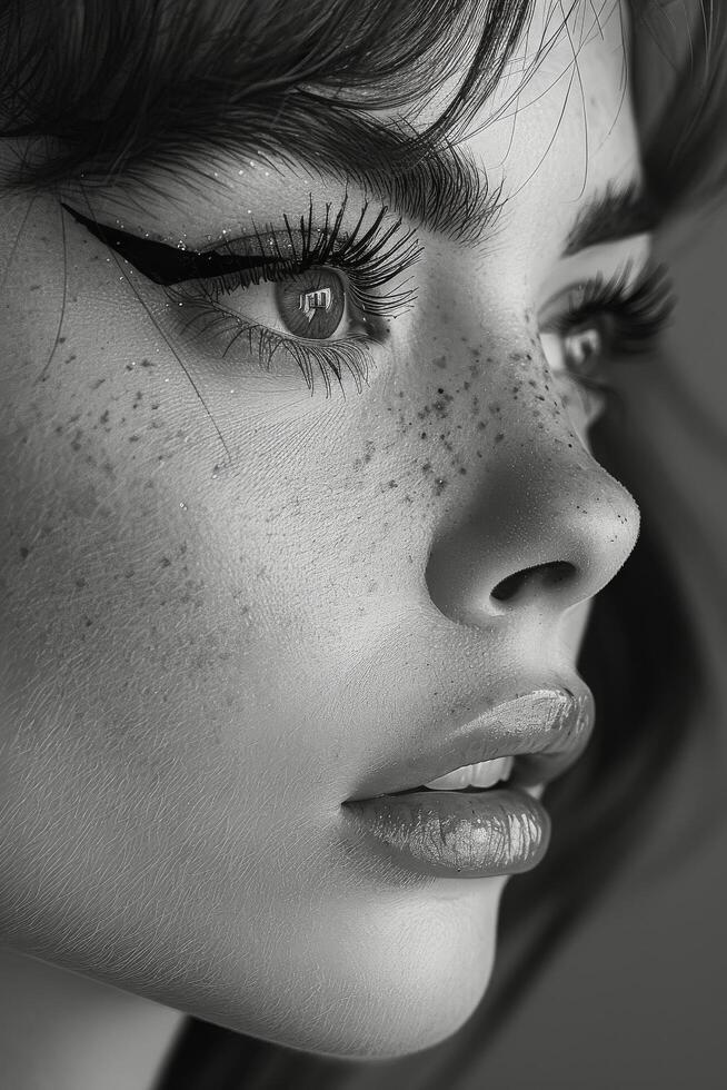 Freckled Woman in Black and White photo