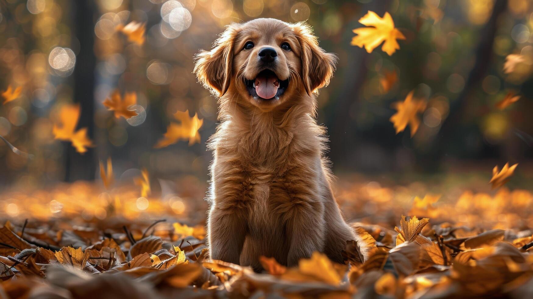 A brown dog is sitting on a pile of leaves photo
