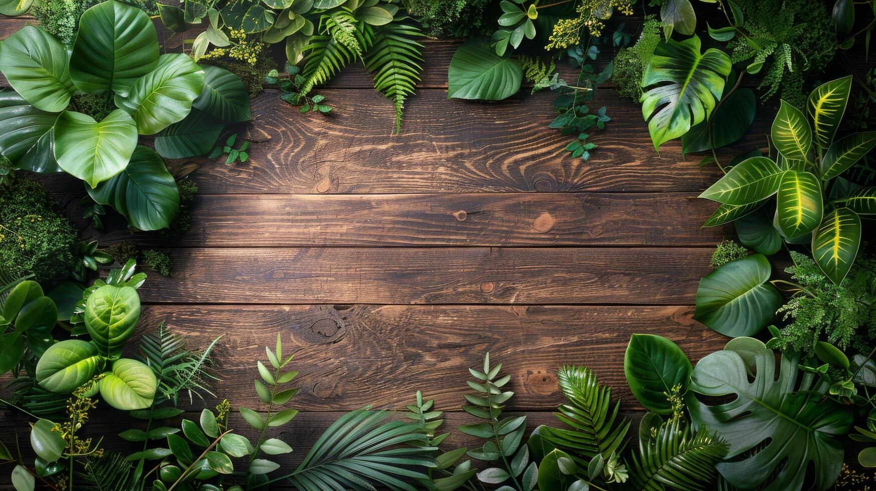 Wooden Table Covered With Green Leaves photo