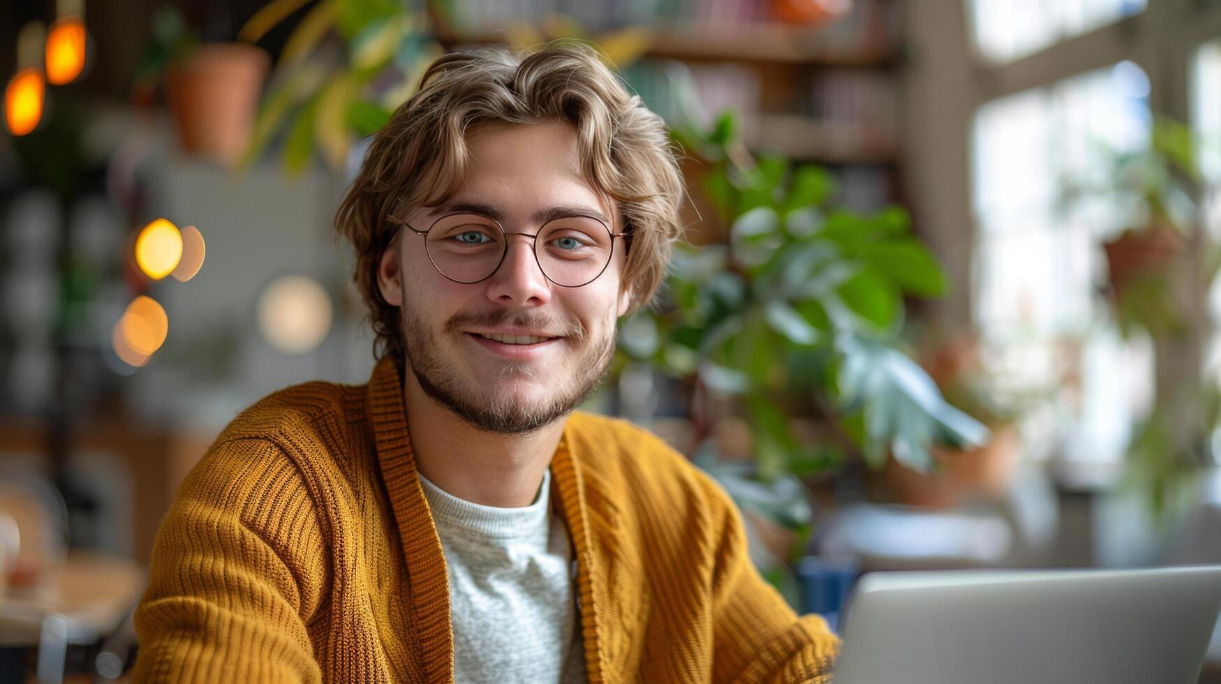 Man With Glasses Sitting in Front of Laptop photo