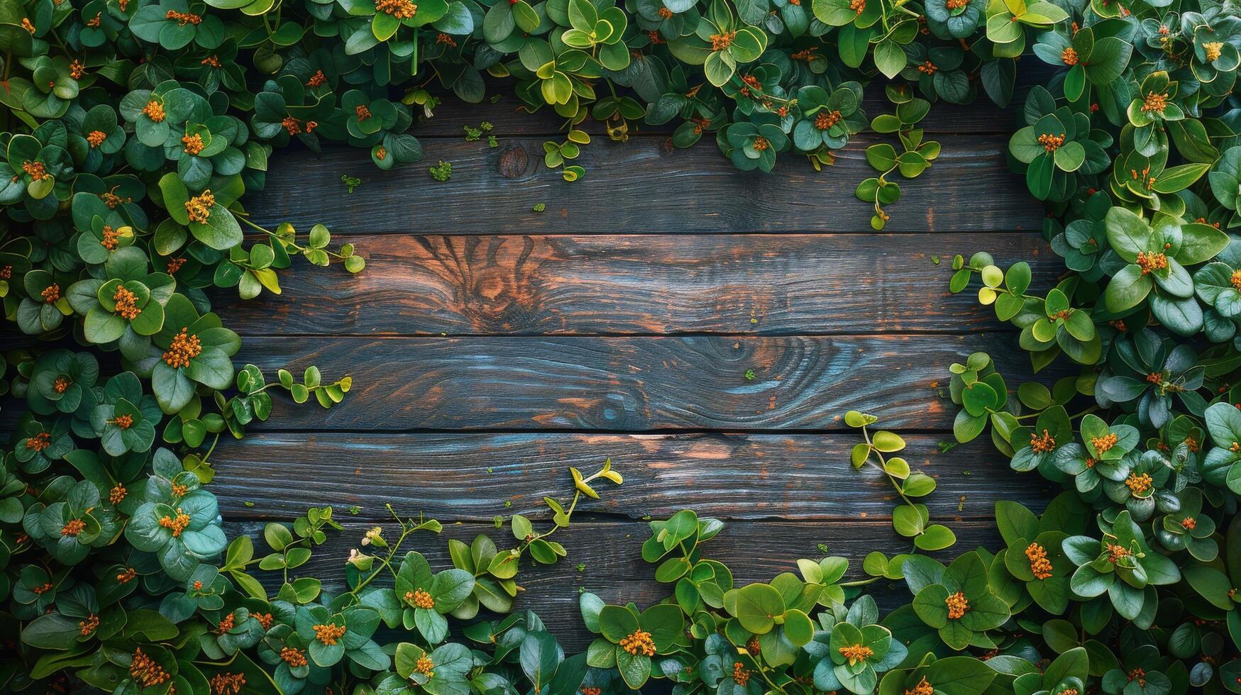 Wooden Table Covered With Green Leaves photo