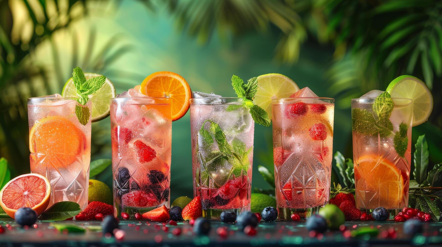 Assorted Drinks in Row of Glasses photo
