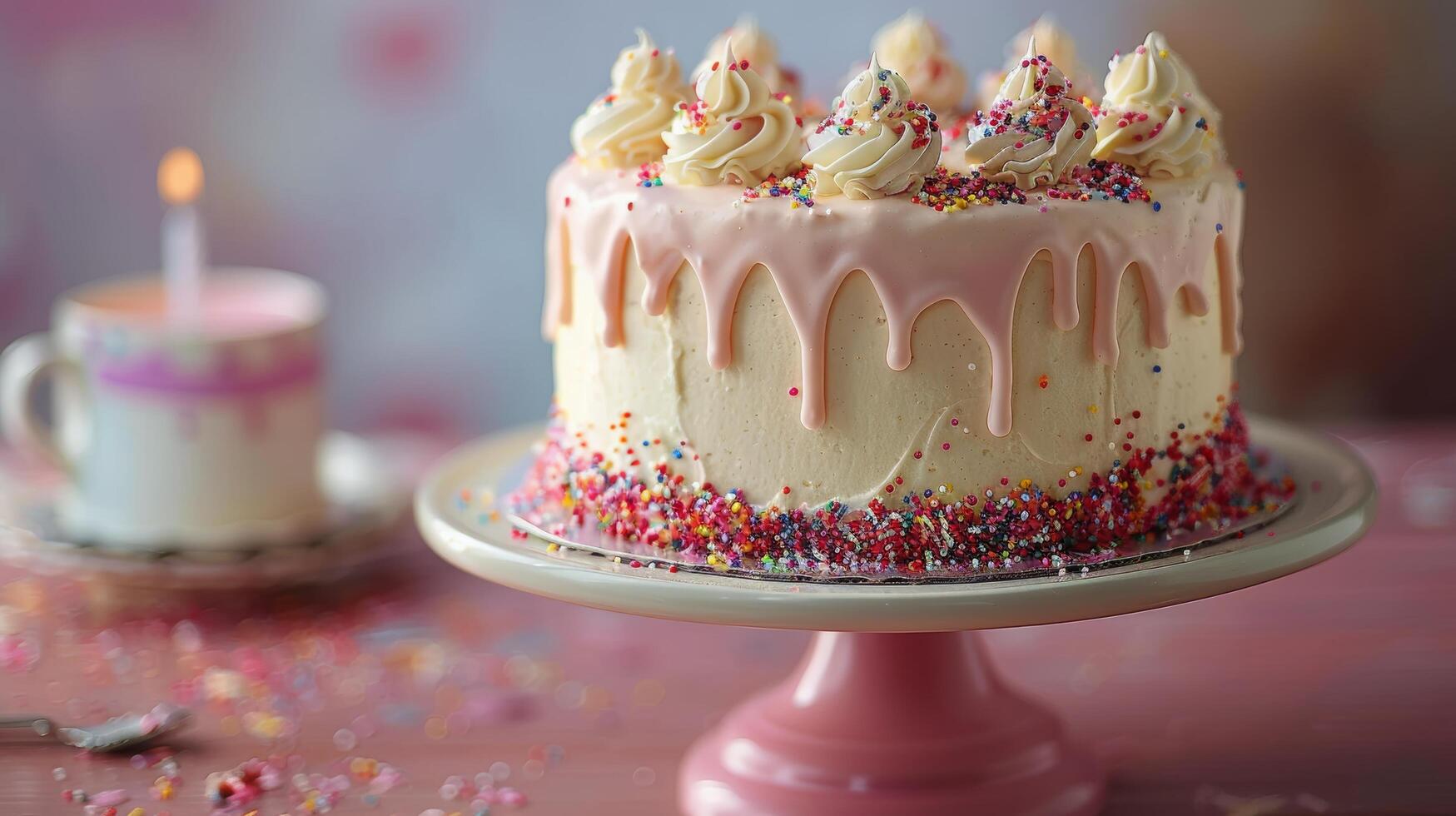 White Cake With Pink Frosting and Sprinkles photo
