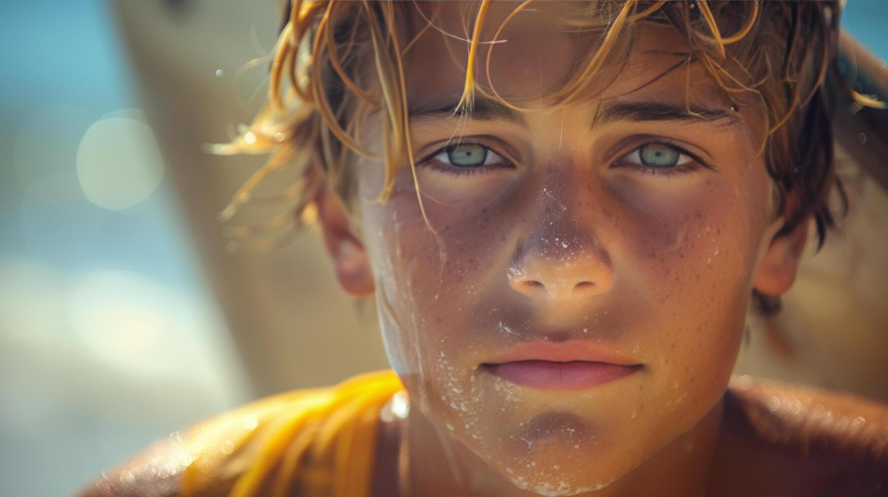 Close Up of a Young Boy With Blue Eyes photo