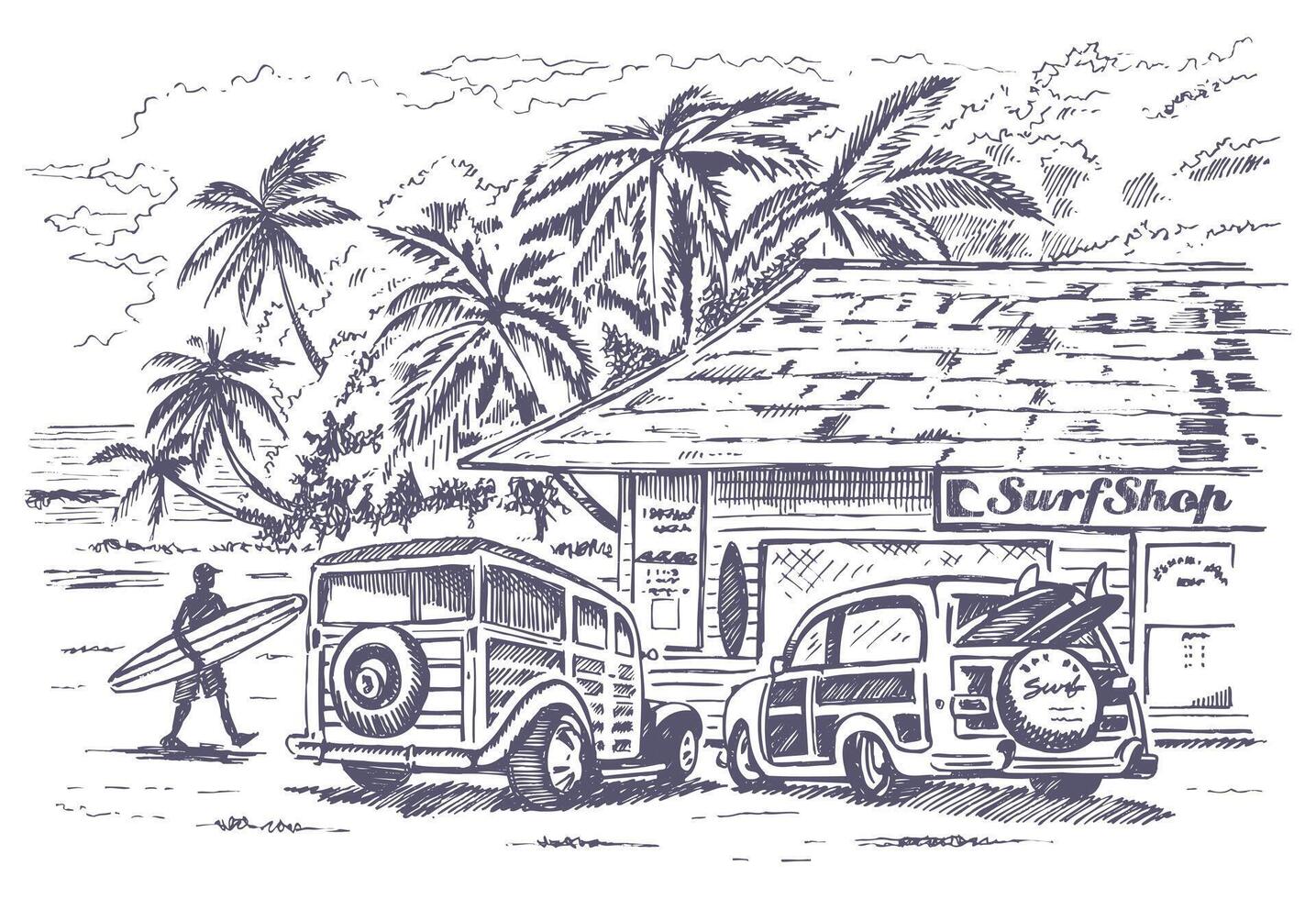 Hand drawn illustration of coastal landscape with surf shop. Art in a laid-back style for prints on t-shirts, decoration, etc. vector