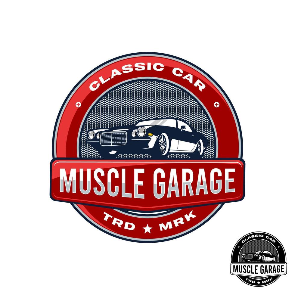A Circular logo for Muscle Garage, a classic car-themed garage or business. vector