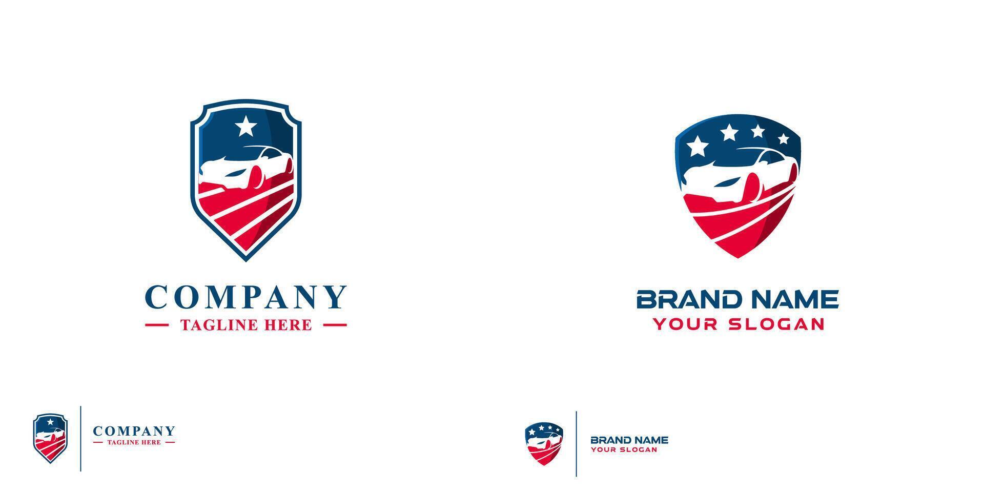 A sophisticated car with a patriotic theme and a shield logo. vector