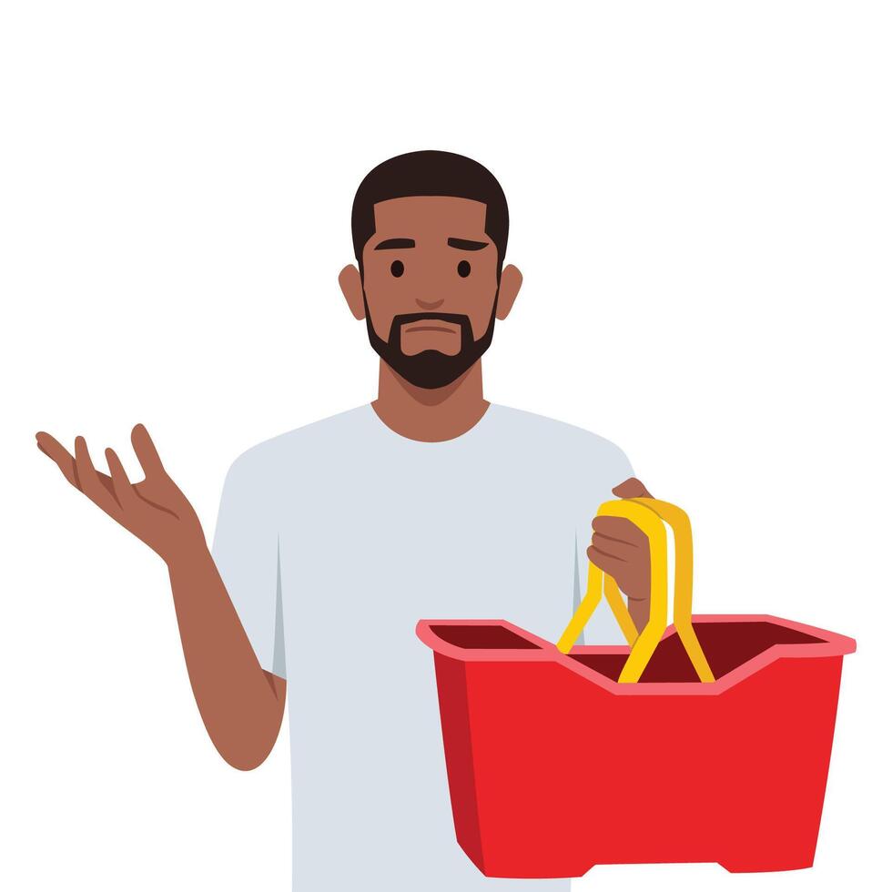 Frustrated and scared man cannot buy food in store. Character with empty shopping basket. vector