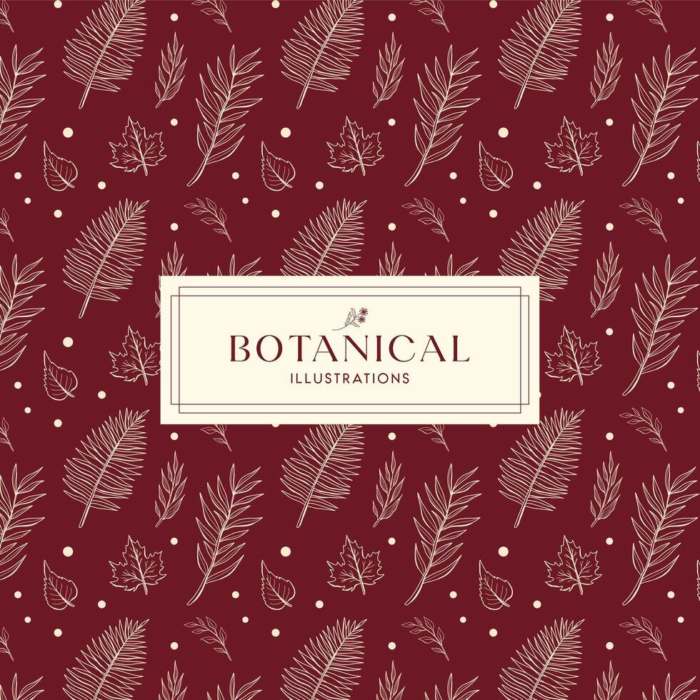 Summer Tropical Leaves Maroon Cream Hand drawn mono-line floral botanical flower background design vector
