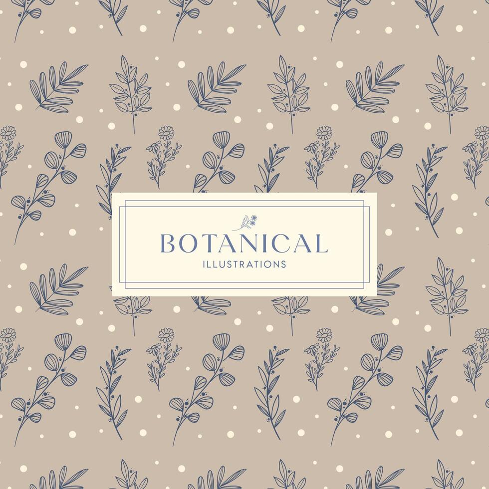 Summer Tropical Leaves Blue Brown White drawn mono-line floral botanical flower background design vector