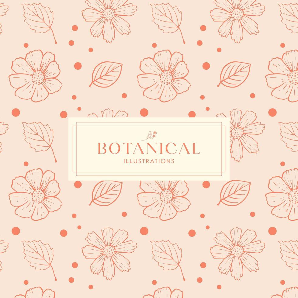 Summer Tropical Leaves Peach Orange drawn mono-line floral botanical flower background design vector