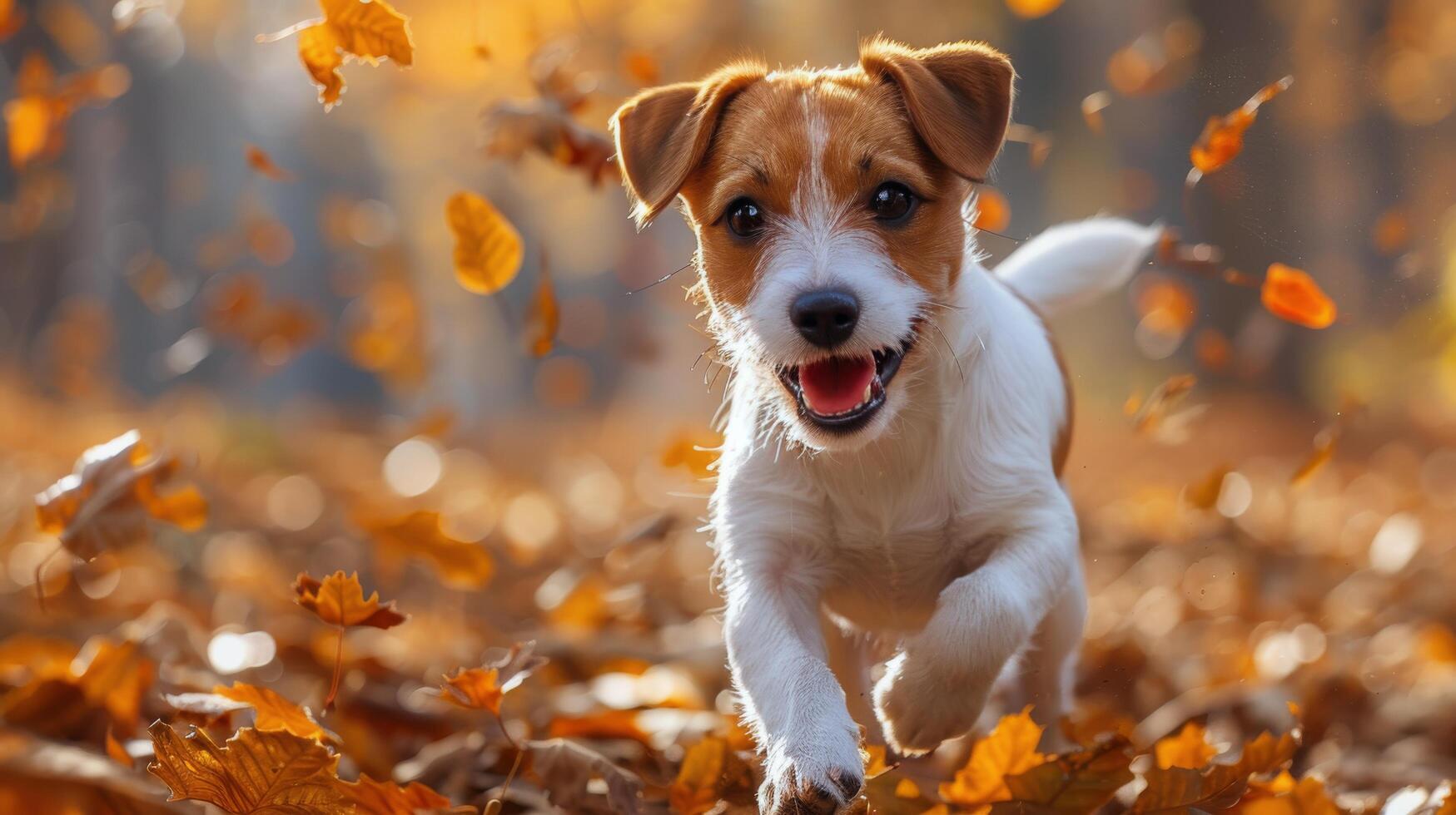 Brown and White Dog Running Through Leaves 46004277 Stock Photo at Vecteezy