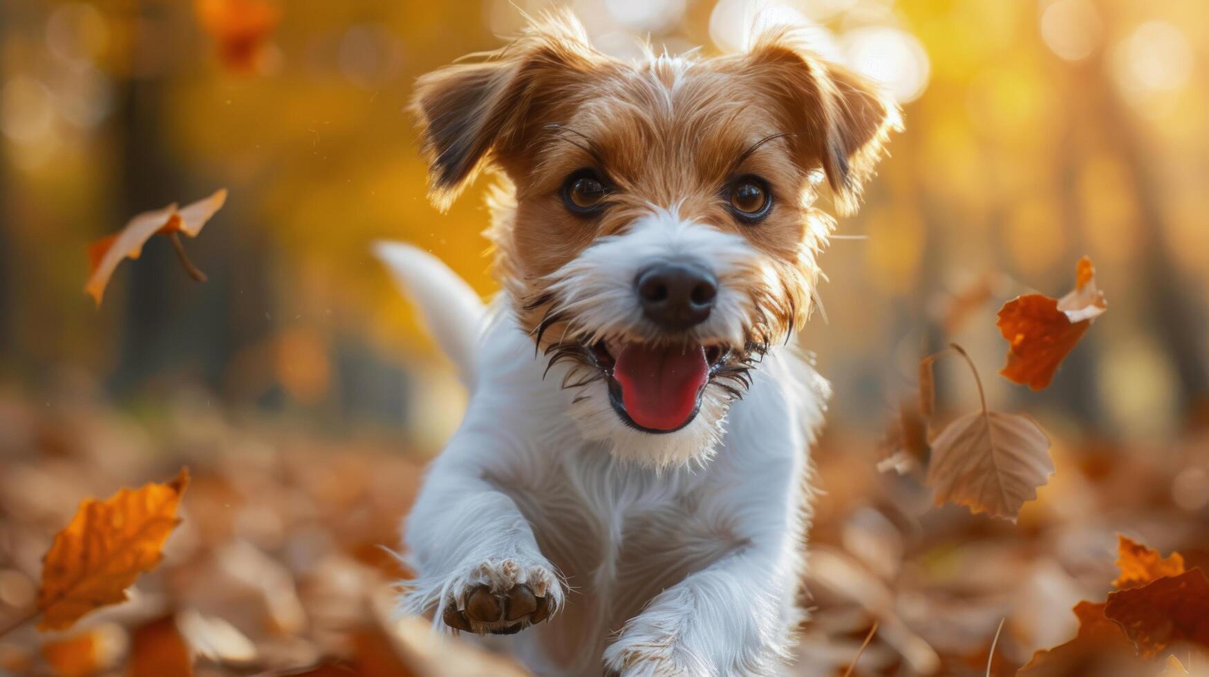 Brown and White Dog Running Through Leaves 46004284 Stock Photo at Vecteezy