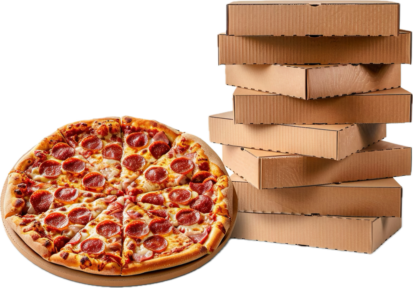 Stack of Pizza Boxes with Opened Pizza. png