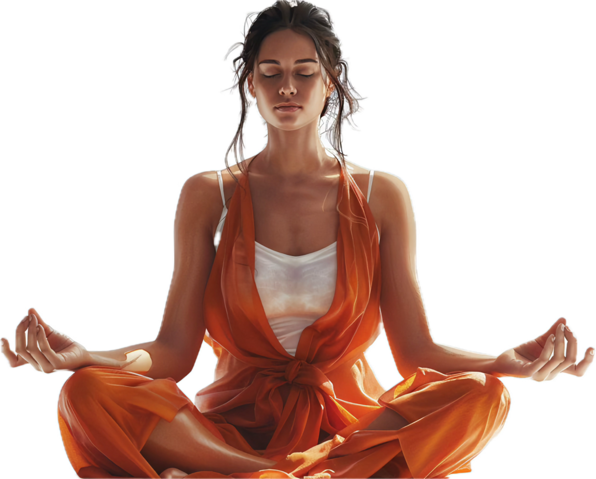 Woman practicing yoga meditation in lotus pose. png