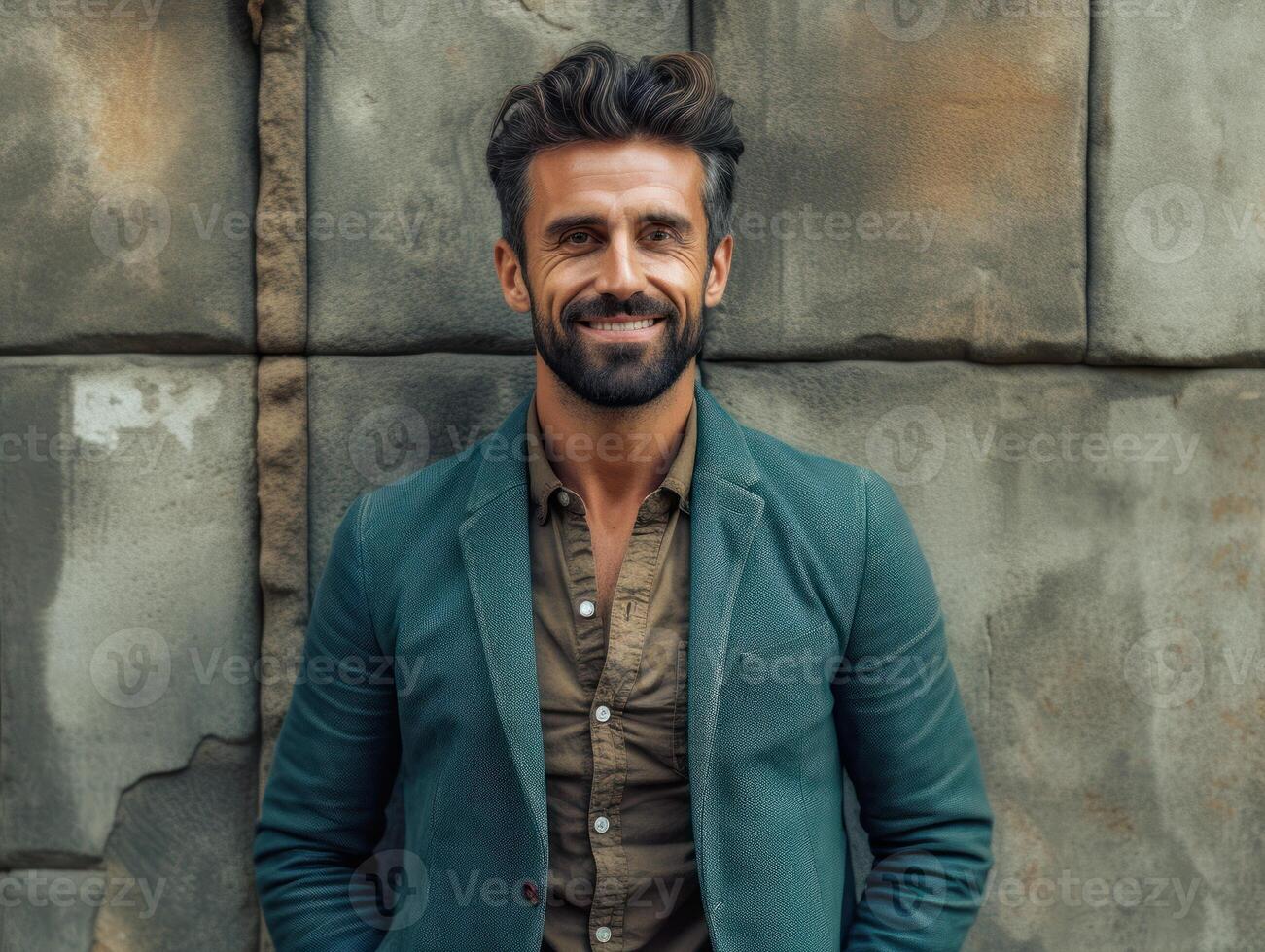 A man standing in front of a solid stone wall, looking straight ahead with a neutral expression photo