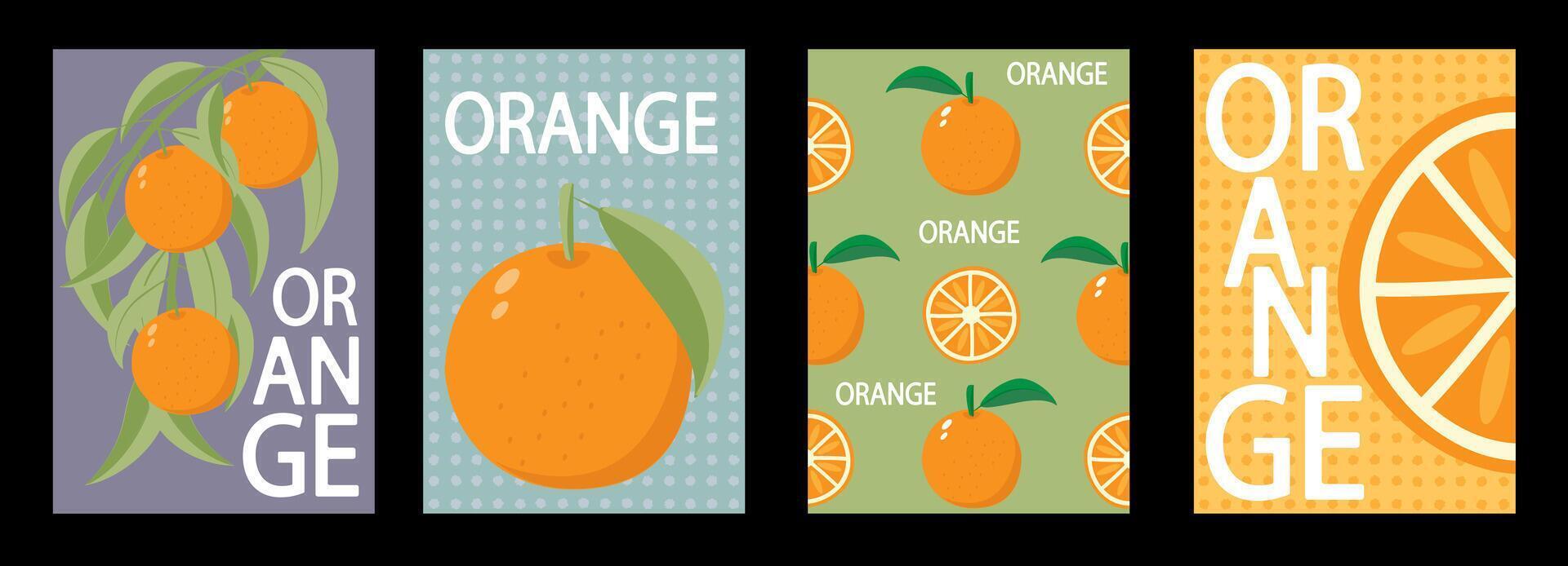 Set of labels, posters and price tags of fruits, orange in a bright minimalistic style. vector