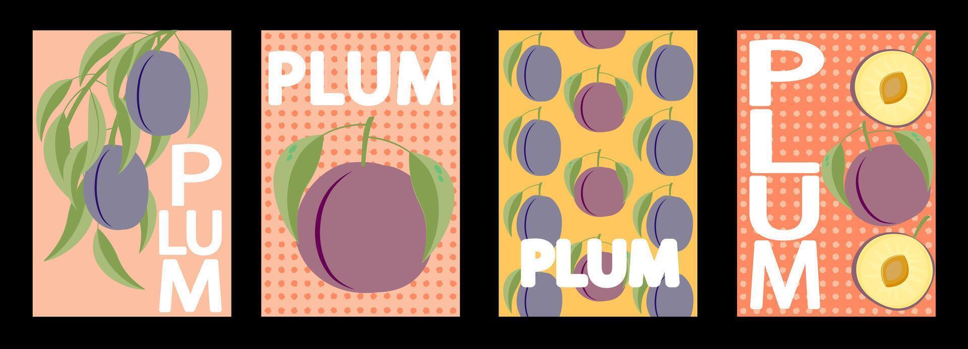 A set of labels, posters and price tags of plums, fruits and berries in a bright minimalistic style. vector