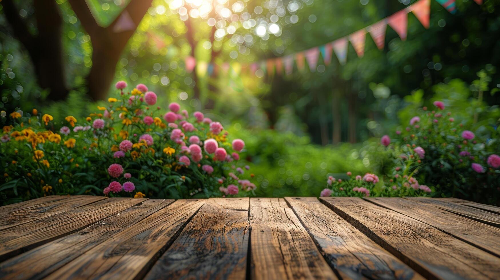 Wooden Table With Flowers and Bunting in Background photo