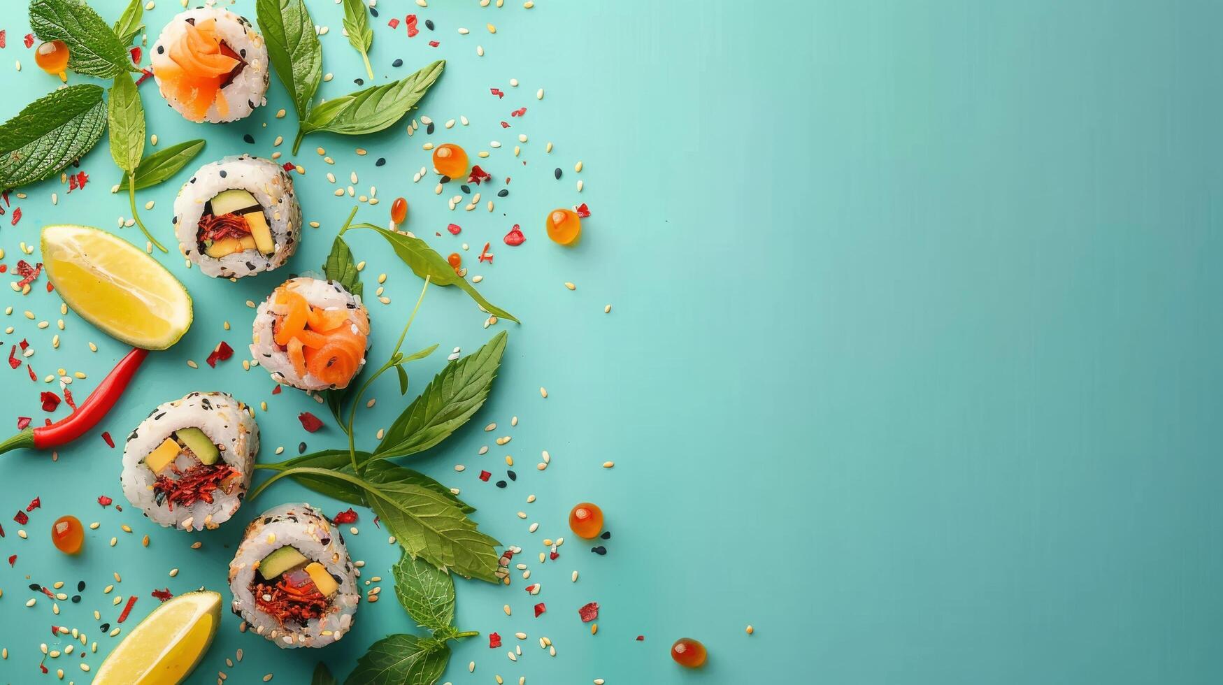 Sushi Rolls With Mint Leaves on Blue Background photo