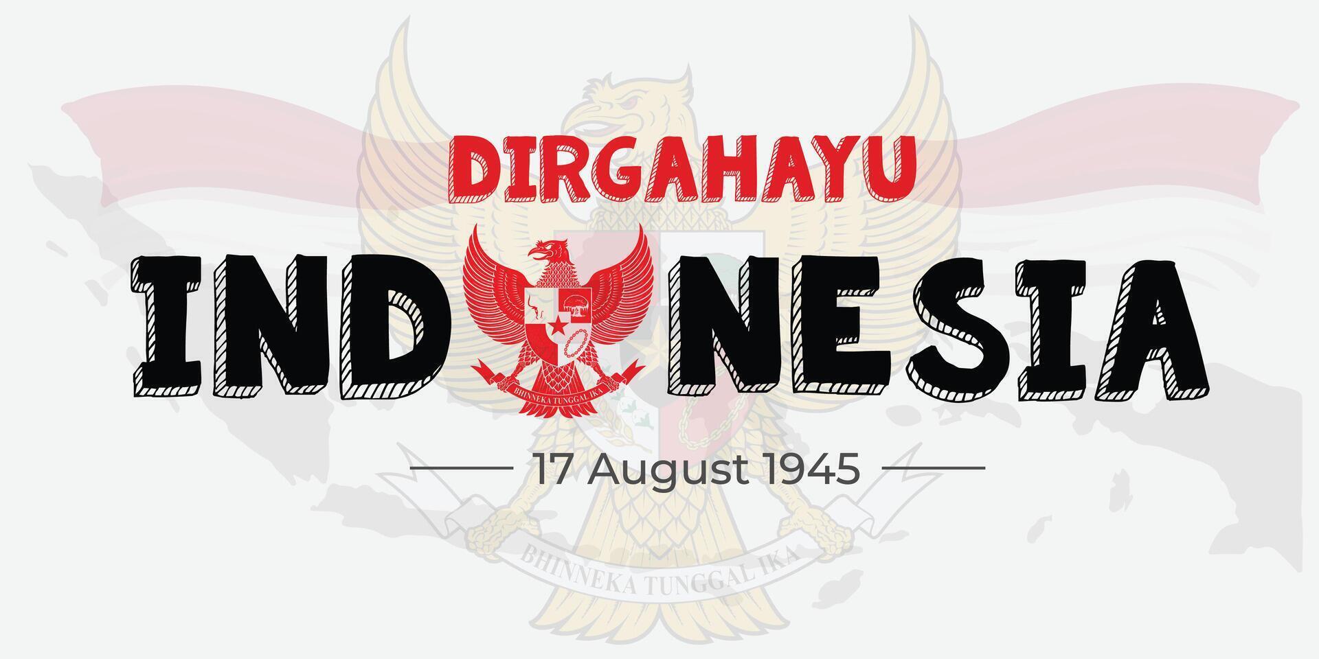 Typographic illustration of Indonesian Independence Day birds and Garuda Indonesia with map background vector