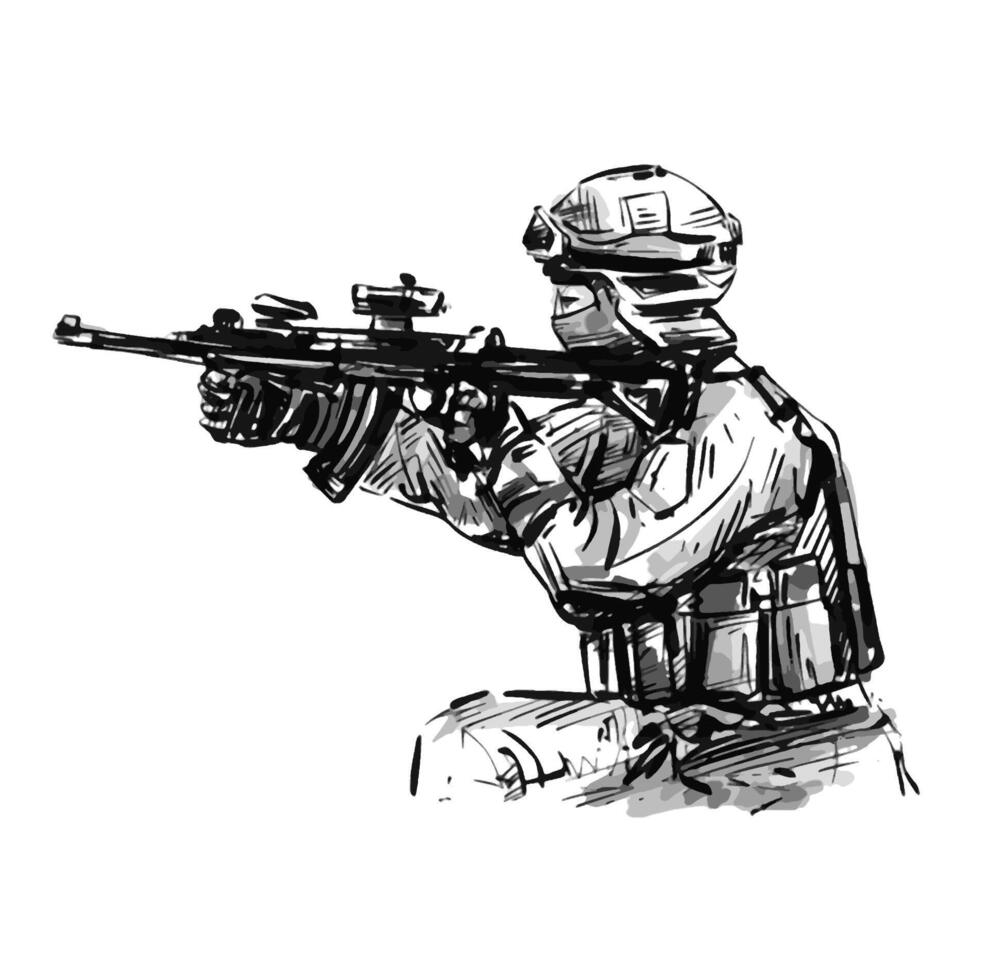 Drawing of the soldier shooting gun at battle field vector
