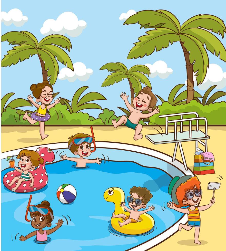 Children in aqua park swimming pool having fun.Summer Outdoor Activity Concept Cartoon Illustration vector