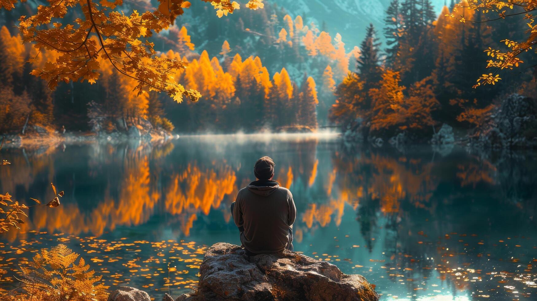 Person Sitting on Rock Looking at Lake photo