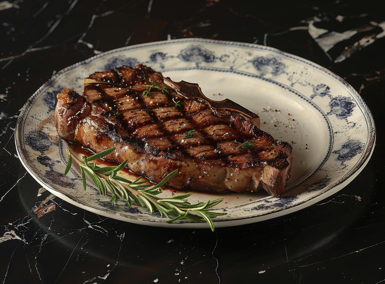 Steak on Plate With Rosemary Sprig photo