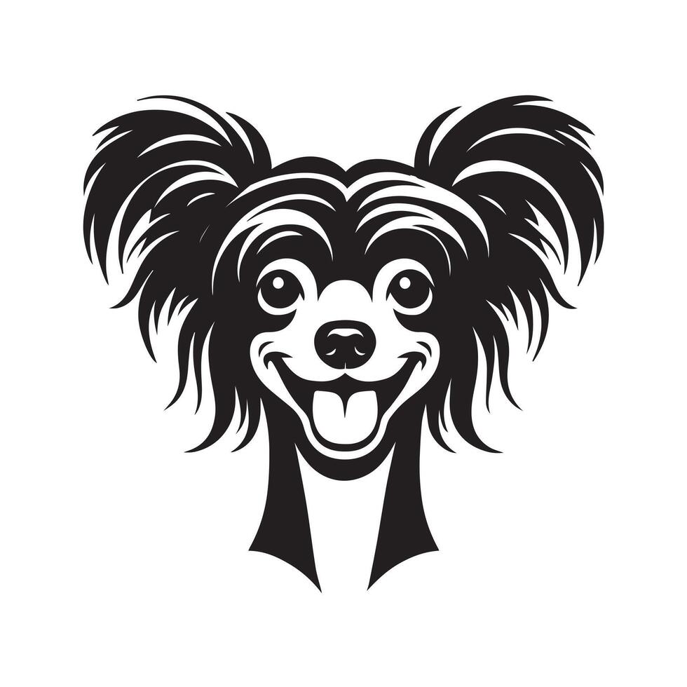 An Amused Chinese Crested Dog face Illustration in black and white vector