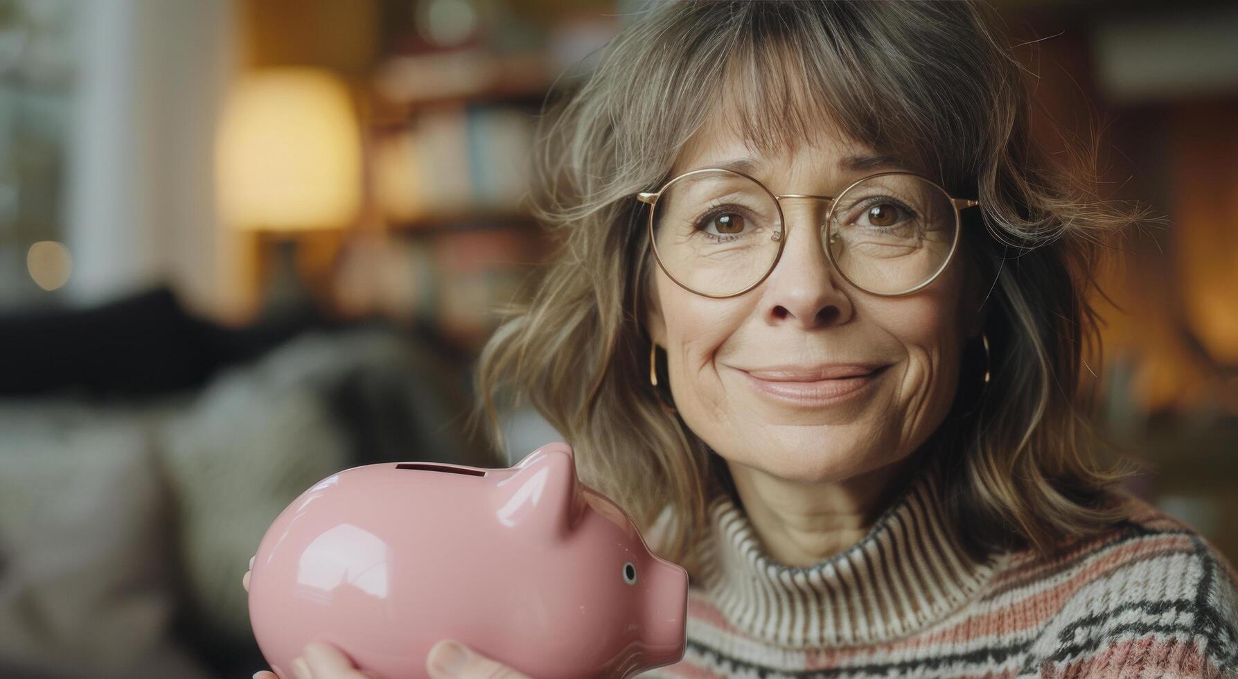 Older Woman Holding Pink Piggy Bank photo