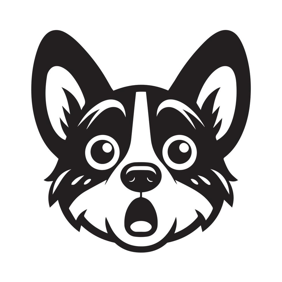 A Surprised Welsh Corgi Dog face Illustration in black and white vector