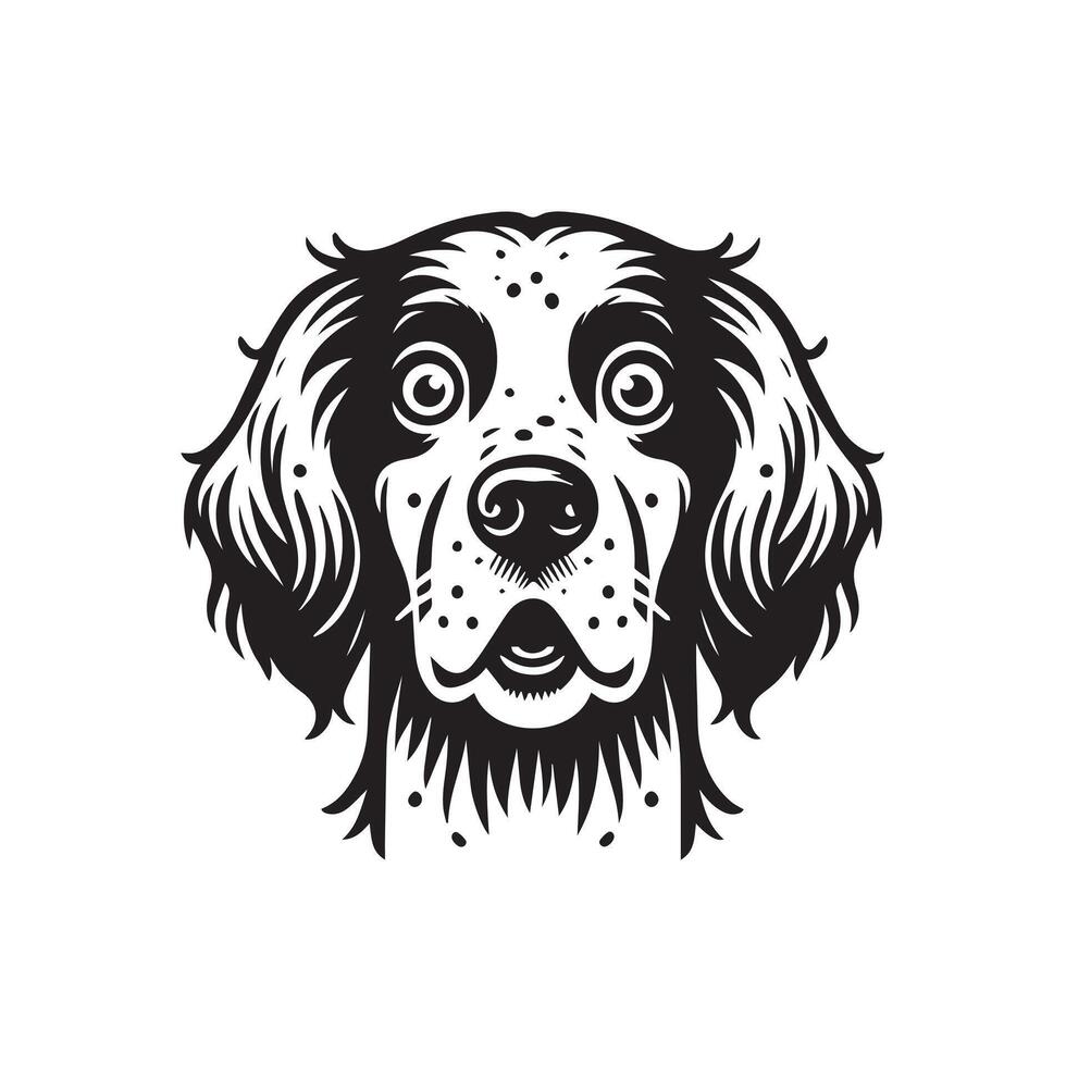 A Surprised English Setter Dog Face Illustration in black and white vector