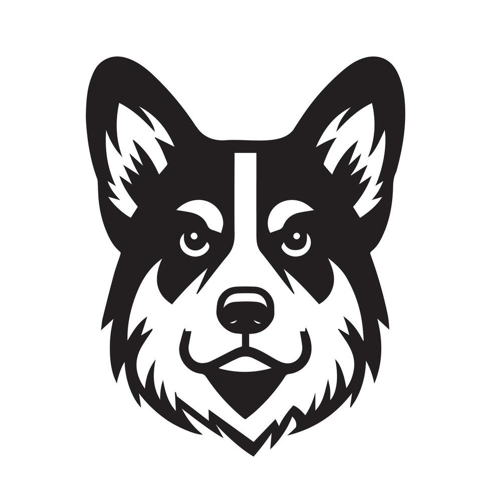 A Stern Welsh Corgi Dog face Illustration in black and white vector