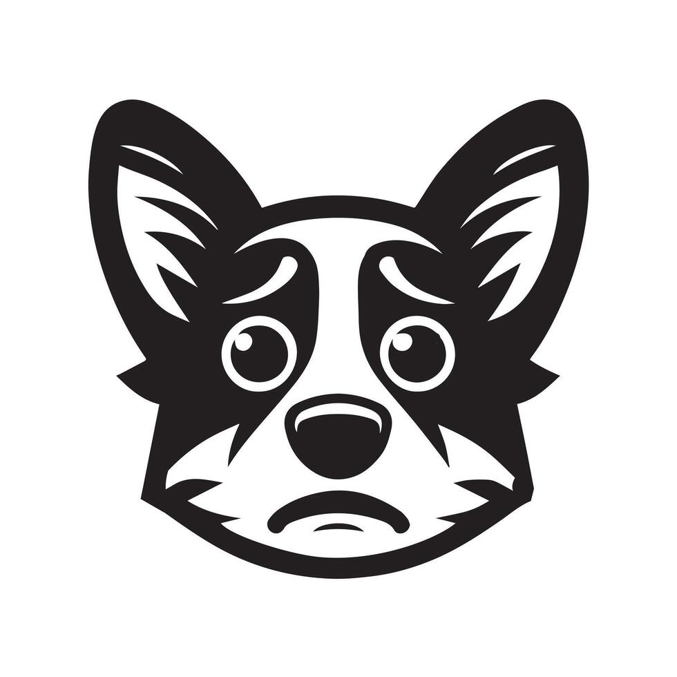 A Fearful Welsh Corgi Dog face Illustration in black and white vector