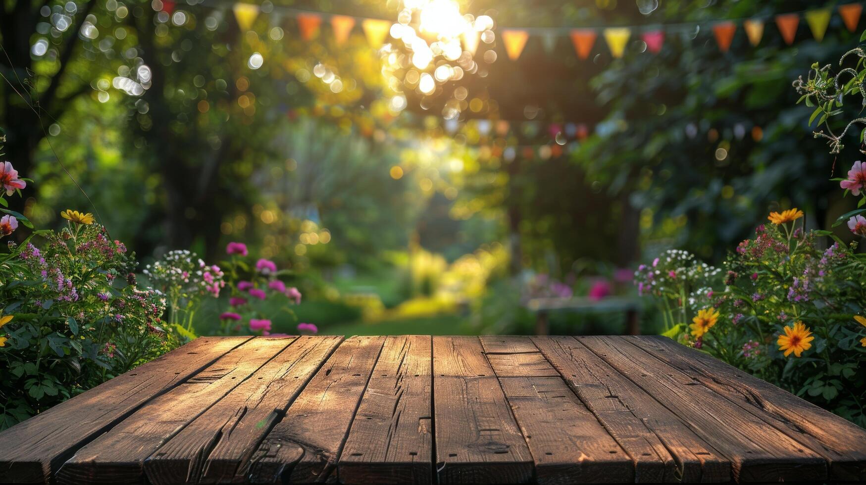 Wooden Table With Flowers and Bunting in Background photo