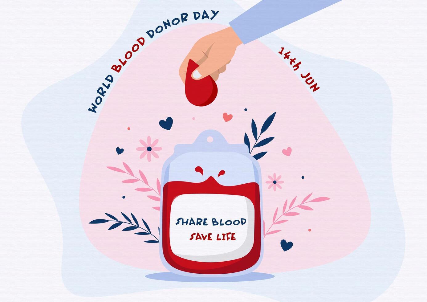 Poster's campaign of world blood donor day and illustration of donation blood in cartoon character and flat style vector