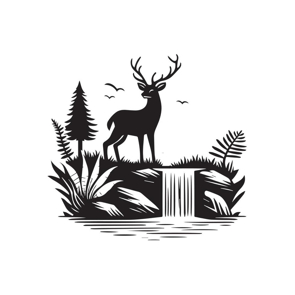 A Deer Near Waterfall Illustration in black and white vector