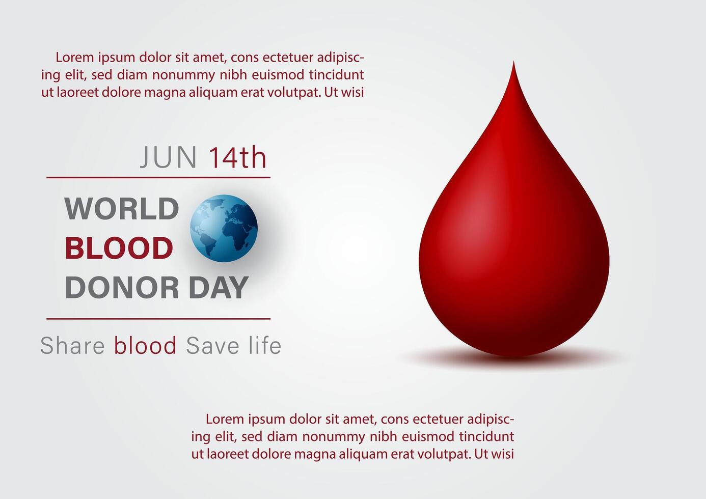 Blood droplet in 3d style with wording of event, example texts on white paper pattern background. Poster's campaign of world blood donor day vector