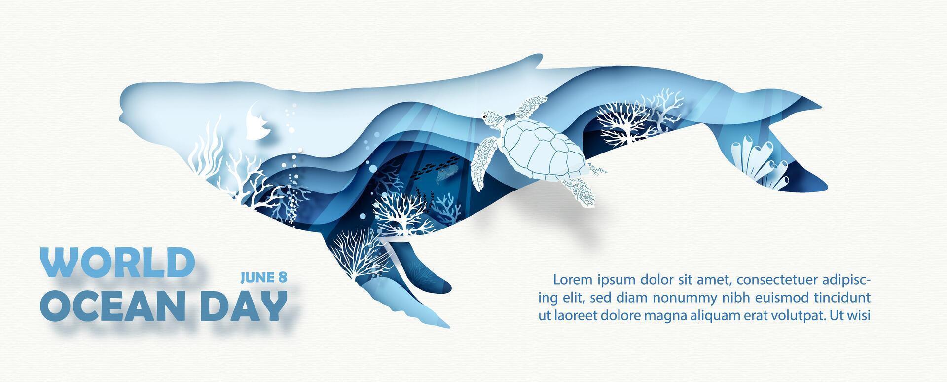 Poster campaign of world ocean day and scene of under the sea and ocean in a whale shape with layers paper cut style vector