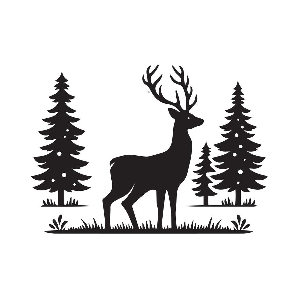 A Deer in Snow forest Illustration in black and white vector