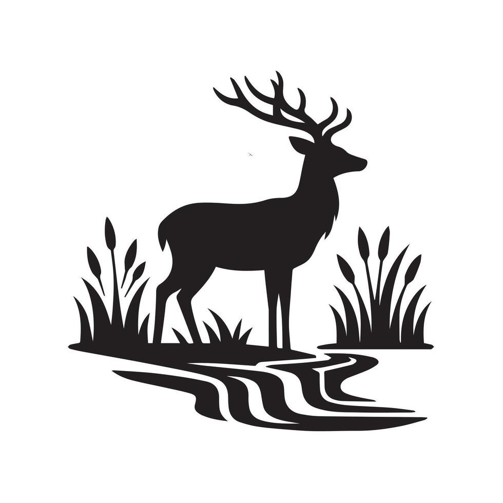 A Deer by Stream Illustration in black and white vector